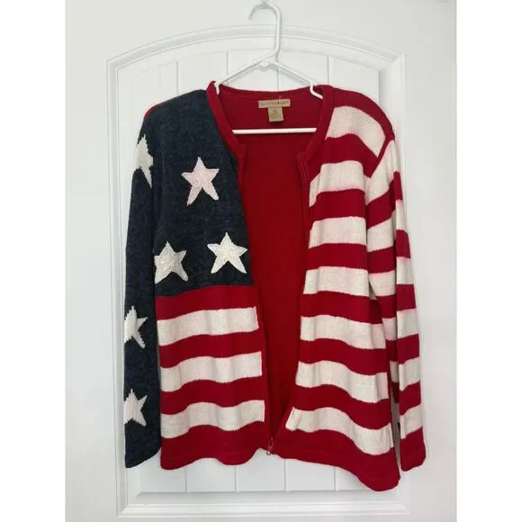 Mountain Lake Americana Flag Zip-Up Knit Cardigan Vintage 90s Patriotic 4th July - Picture 3 of 10